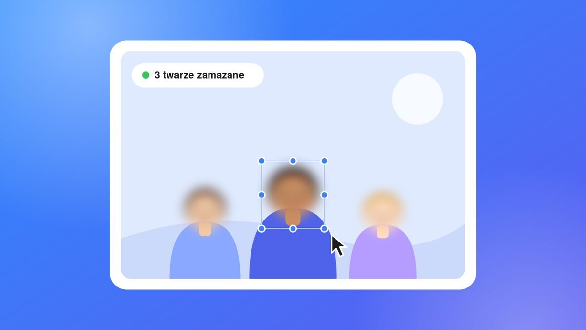 Zamazywanie twarzy na zdjęciach: trzy osoby z automatycznie rozmytymi twarzami w edytorze