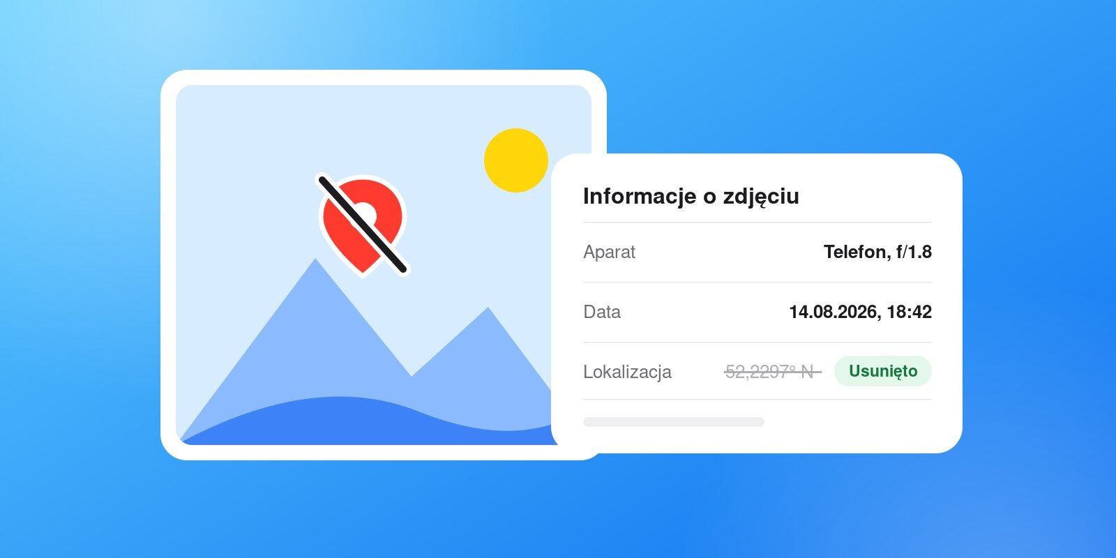 Usuwanie lokalizacji ze zdjęcia: panel informacji o zdjęciu z usuniętymi danymi GPS