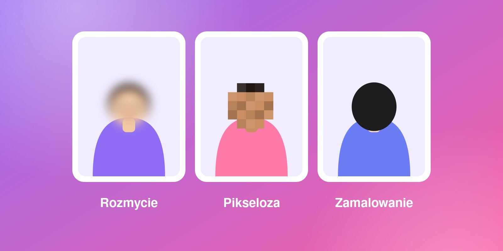 Trzy sposoby zamazania twarzy na zdjęciu: rozmycie, pikseloza i zamalowanie