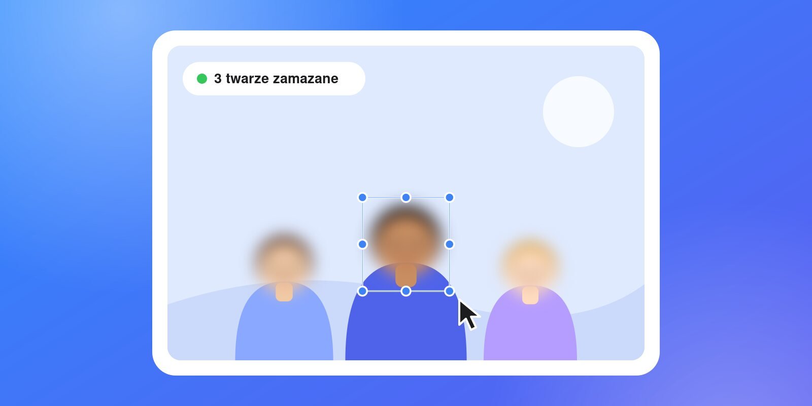 Zamazywanie twarzy na zdjęciu: trzy osoby z rozmytymi twarzami w edytorze