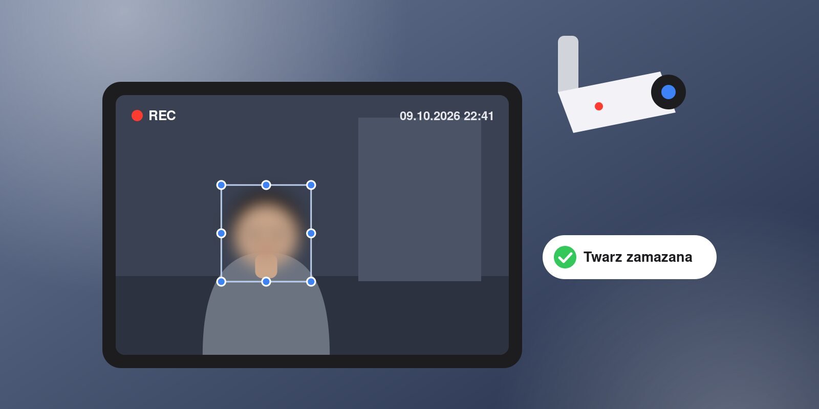 Kamera monitoringu i ekran z nagraniem, na którym twarz osoby jest zamazana
