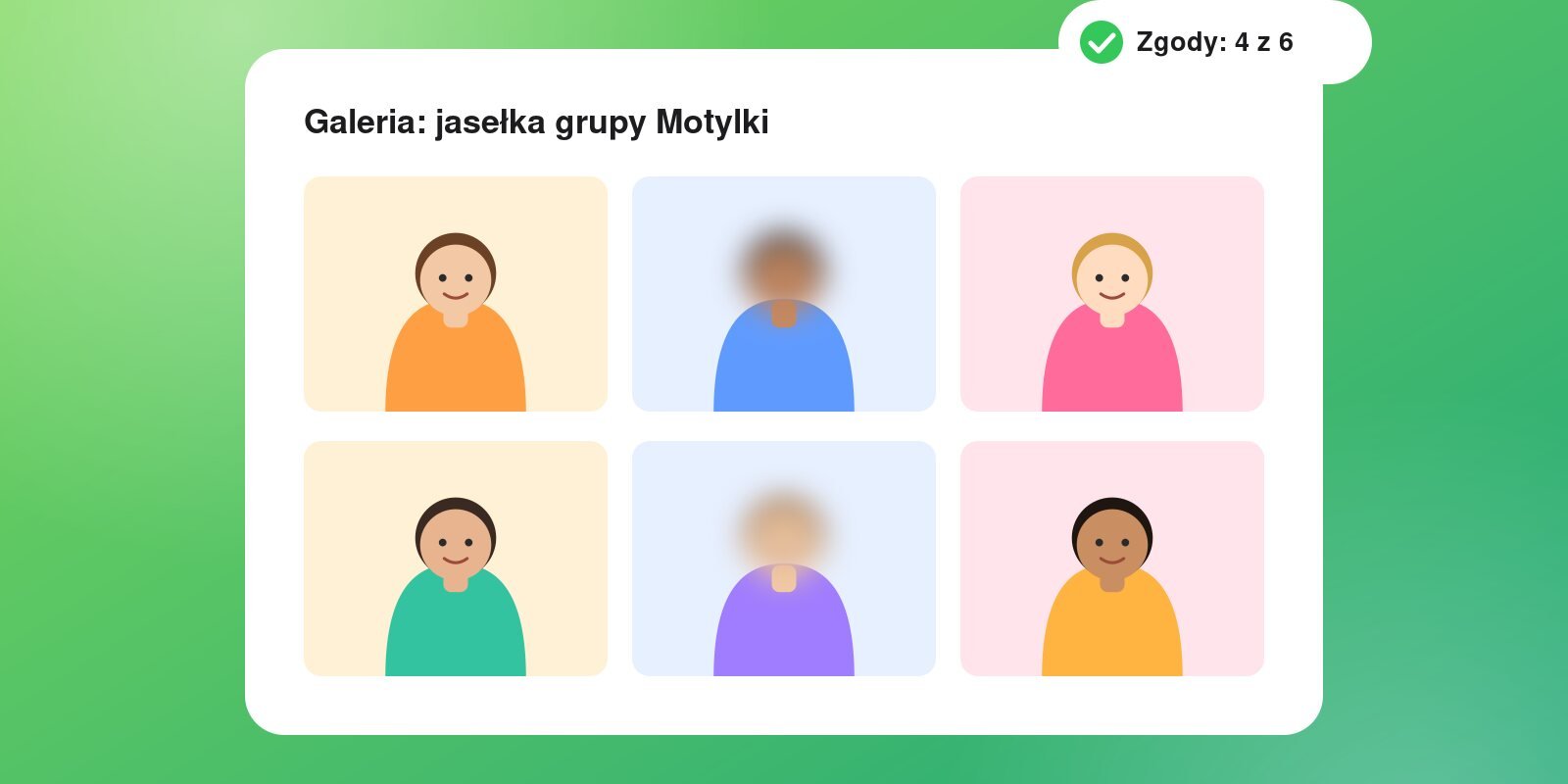 Galeria zdjęć z przedszkolnej uroczystości z rozmytymi twarzami dzieci bez zgody