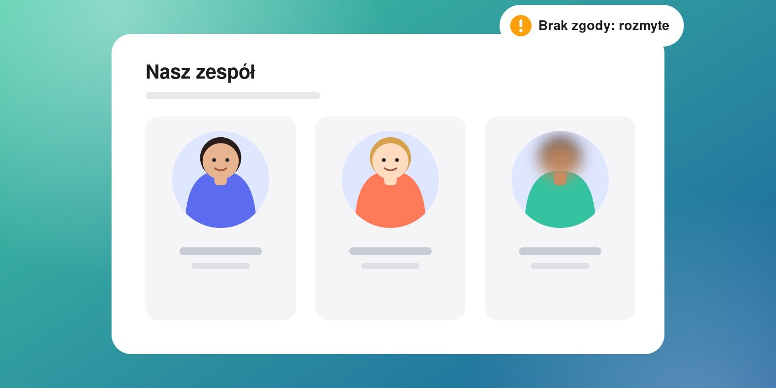 Strona firmy z zakładką Nasz zespół i rozmytym zdjęciem pracownika bez zgody