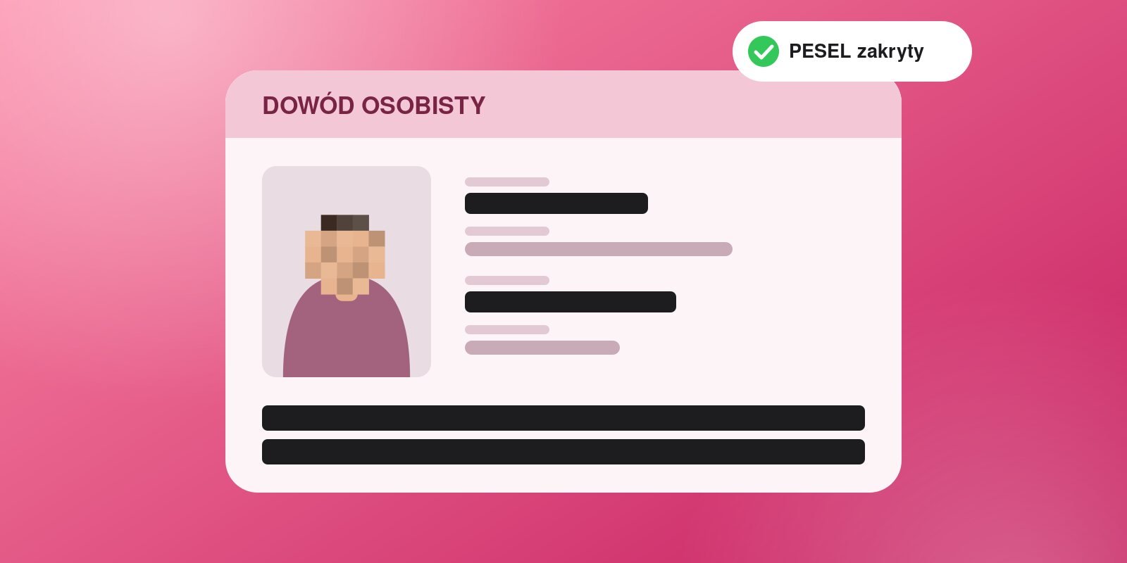 Zdjęcie dowodu osobistego z zamalowanymi danymi i pikselozą na fotografii