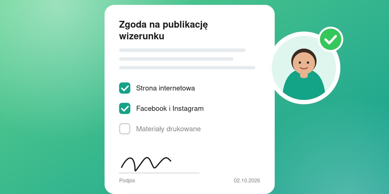 Wzór zgody na publikację wizerunku z zaznaczonymi kanałami publikacji i podpisem